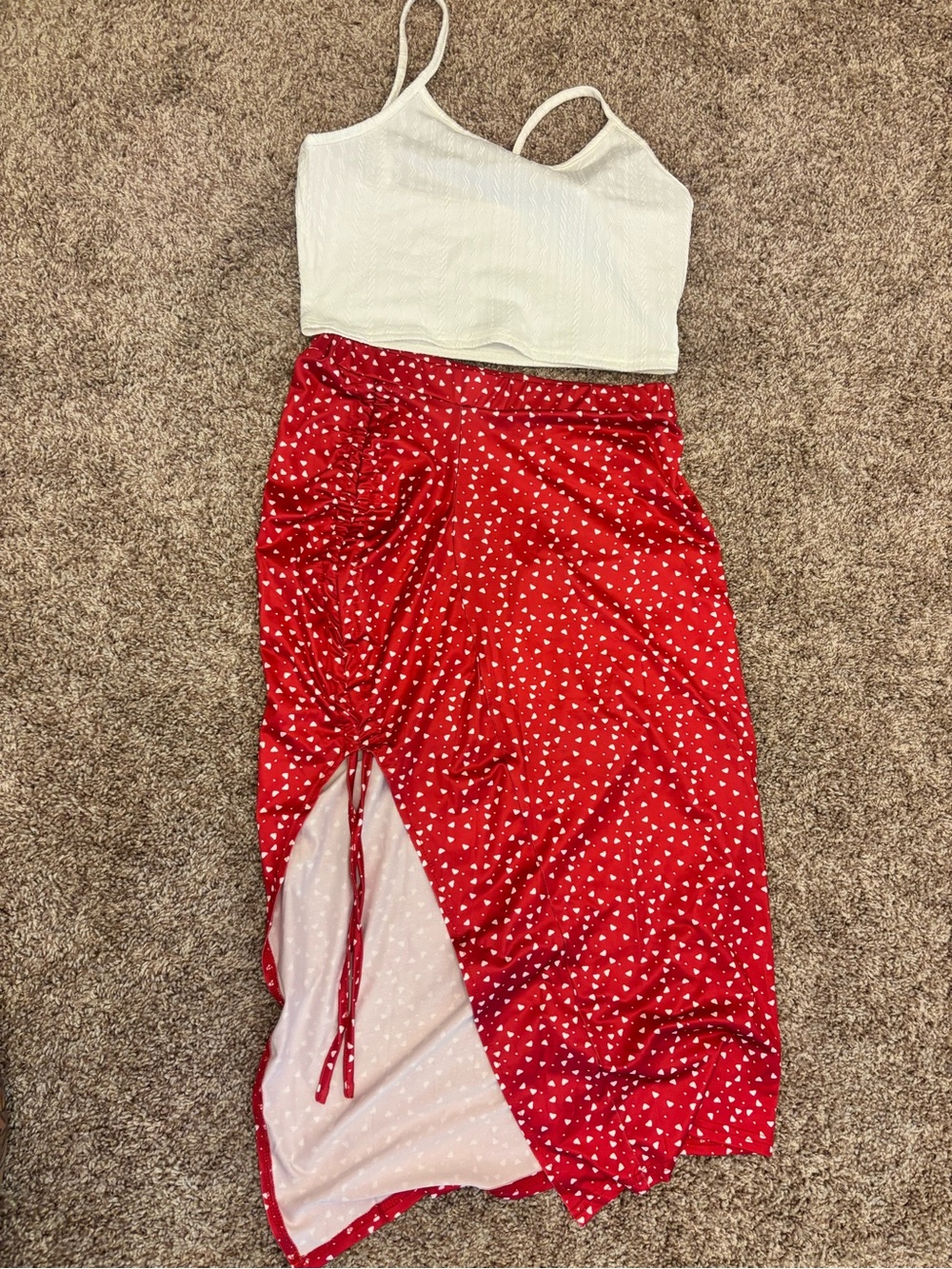 Red Heart-Print Midi Skirt with Side Ruched Detail